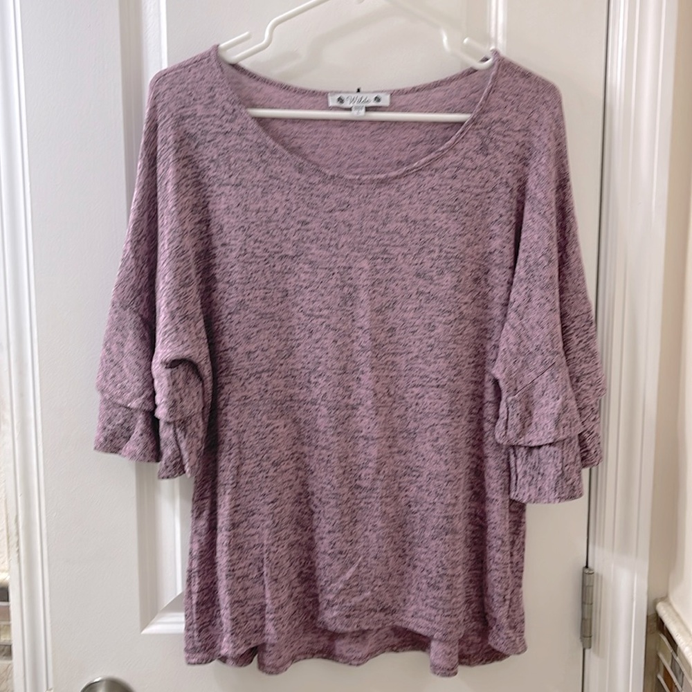 Wilde knit blouse. Pink/black heather, 1/2 length bell sleeves. Size L